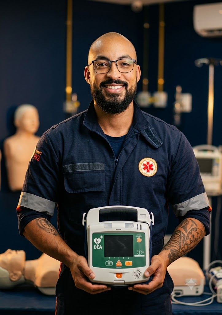 Instrutor enfermeiro com DEA de treinamento